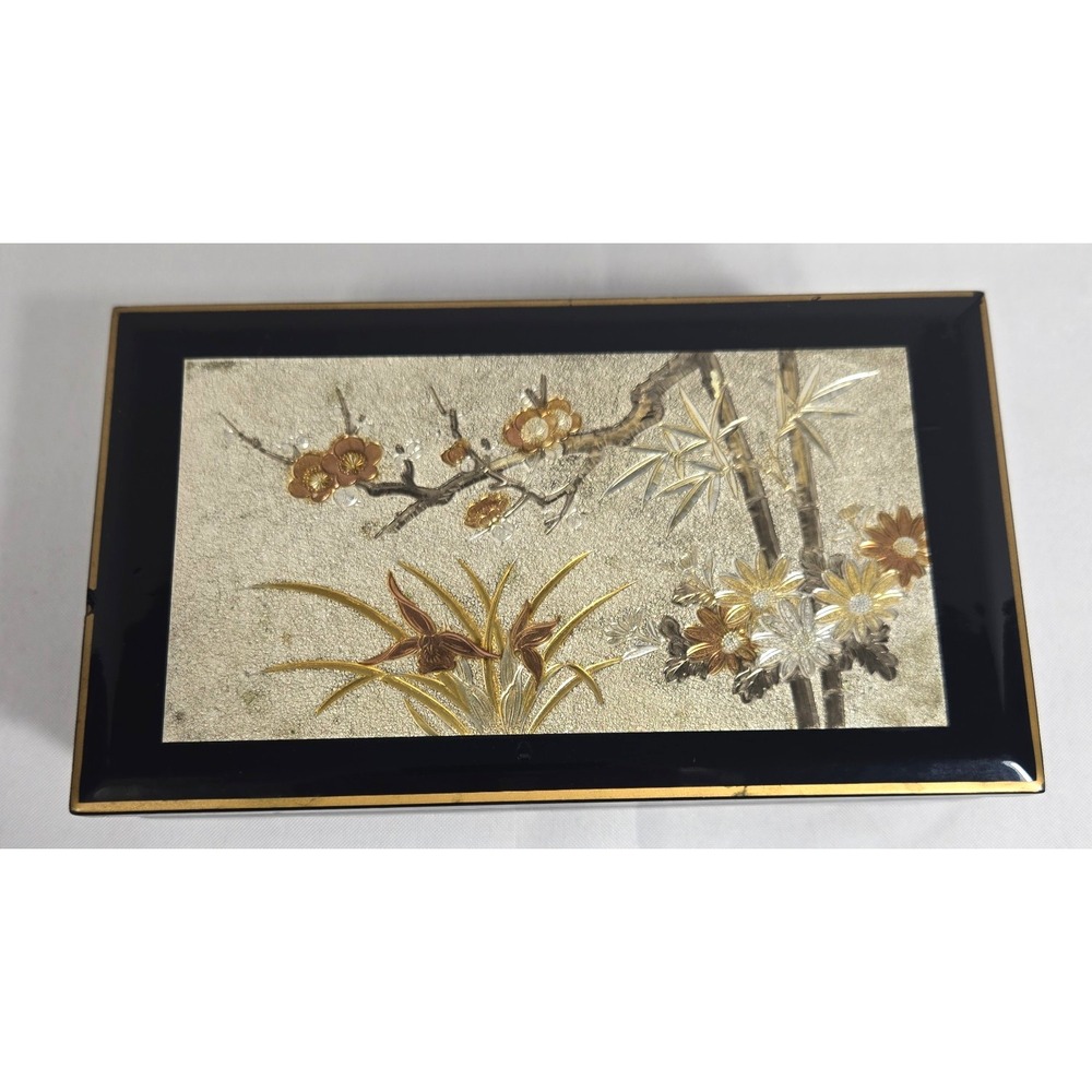 Chokin Musical Jewelry Box Black Lacquer Japan Vintage Art of Chokin